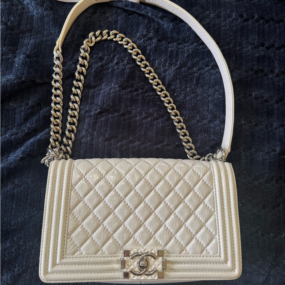 Authentic Chanel Old Medium Boy Bag White Lambskin